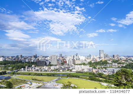 Overhead view of Sendai city in autumn seen from Sendai Castle Ruins (Aoba Castle), Aoba Ward, Sendai City 118434077