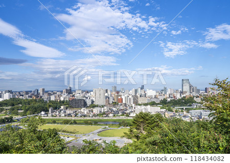 Overhead view of Sendai city in autumn seen from Sendai Castle Ruins (Aoba Castle), Aoba Ward, Sendai City Overhead view of Sendai city in autumn seen from Sendai Castle Ruins (Aoba Castle), Aoba Ward, Sendai City 118434082