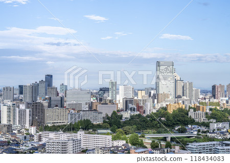 Overhead view of Sendai city in autumn seen from Sendai Castle Ruins (Aoba Castle), Aoba Ward, Sendai City 118434083