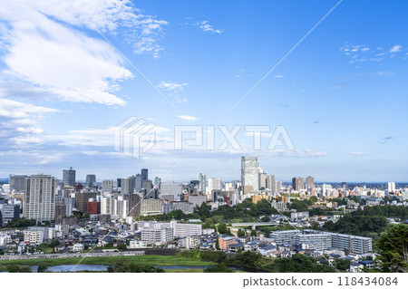 Overhead view of Sendai city in autumn seen from Sendai Castle Ruins (Aoba Castle), Aoba Ward, Sendai City Overhead view of Sendai city in autumn seen from Sendai Castle Ruins (Aoba Castle), Aoba Ward, Sendai City 118434084