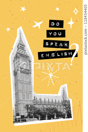 Do you speak English poster embossed text, collage Big Ben cut out halftone silhouette. Trendy doodle concept on yellow background for school and foreign language courses Do you speak English poster embossed text, collage Big Ben cut out halftone silhouette. Trendy doodle concept on yellow background for school and foreign language courses 118434405