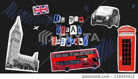 Do you speak English collage poster, UK flag, Big Ben tower, red double decker bus and telephone booth cutout elements set on black board background. Ransom letters question Do you speak English collage poster, UK flag, Big Ben tower, red double decker bus and telephone booth cutout elements set on black board background. Ransom letters question 118434412