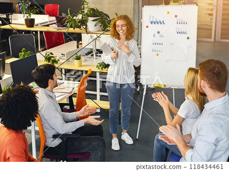 Woman team leader making presentation for colleagues in office, coworkers clapping hands, free space Woman team leader making presentation for colleagues in office, coworkers clapping hands, free space 118434461