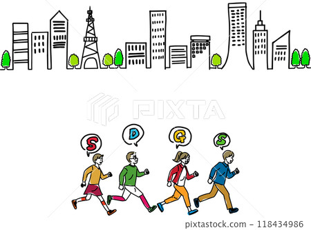 SDGs image 17-color hand-drawn line drawing of children and cityscape 118434986