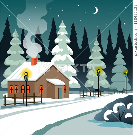 Winter Village with Lit Streetlights 118435125