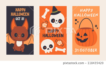 Halloween poster set. Trendy flat style and funny characters. Cute vector poster set for postcard, flyer, banner Halloween poster set. Trendy flat style and funny characters. Cute vector poster set for postcard, flyer, banner 118435420