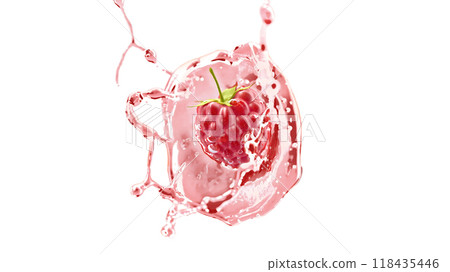 Raspberry falling in juice splash mockup, depth of field 118435446