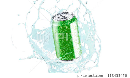 Blank green soda can water splash mockup, depth of field 118435456