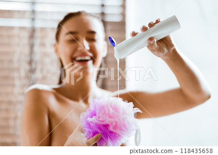 Hygiene Concept. Girl Putting Shower Gel On Puff, Taking Refreshment Shower 118435658