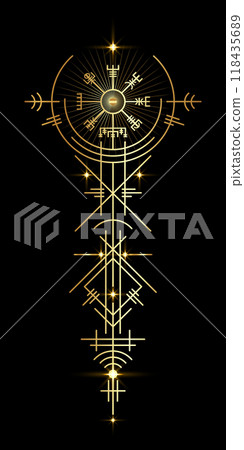 Gold Vegvisir navigation compass ancient. Old Magic sign viking art deco. The Vikings used many symbols in accordance to Norse mythology, widely used in Viking society. Esoteric Wiccan Logo icon 118435689
