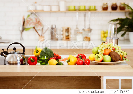 Fresh Vegetables And Fruits On Kitchen Table, Modern Kitchen Interior 118435775