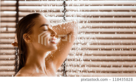 Beautiful Naked Woman Taking Shower In Bathroom, Copy Space Beautiful Naked Woman Taking Shower In Bathroom, Copy Space 118435828