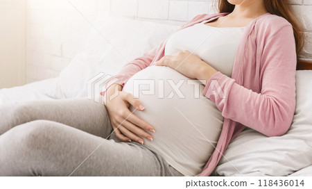 Pregnancy and rest. Young millennial pregnant woman lying in bed, panorama with free space 118436014