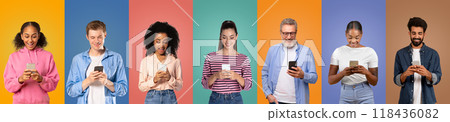 A diverse group of individuals, both young and older, are engaged with their smartphones while standing in front of vibrant, multicolored backgrounds A diverse group of individuals, both young and older, are engaged with their smartphones while standing in front of vibrant, multicolored backgrounds 118436082