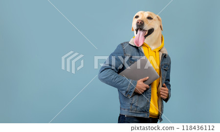 A person wearing a bright yellow hoodie and denim jacket is standing confidently while holding a laptop. Interestingly, the person's head has been replaced with that of a cheerful dog A person wearing a bright yellow hoodie and denim jacket is standing confidently while holding a laptop. Interestingly, the person's head has been replaced with that of a cheerful dog 118436112