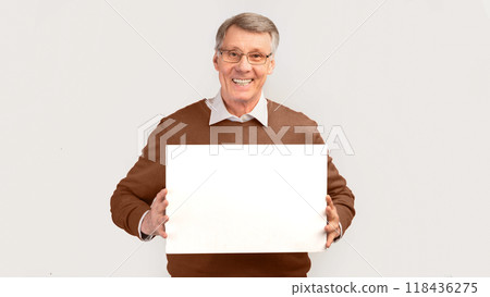 Great Offer. Cheerful Elderly Man Holding Blank Board For Text Standing Over White Studio Background. Panorama, Mockup Great Offer. Cheerful Elderly Man Holding Blank Board For Text Standing Over White Studio Background. Panorama, Mockup 118436275
