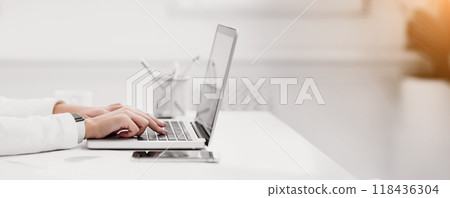 Freelance. Close up of woman using laptop, working at home, writing a blog, hands on keyboard. Copyspace, panorama 118436304