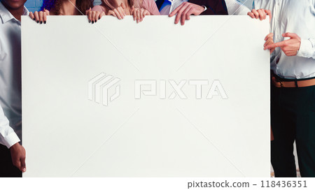 Unrecognizable Millennial Friends Holding Empty White Board For Text Pointing Finger Standing Indoor. Cropped, Mockup, Panorama Unrecognizable Millennial Friends Holding Empty White Board For Text Pointing Finger Standing Indoor. Cropped, Mockup, Panorama 118436351