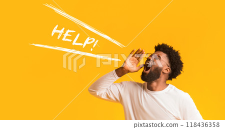 Need for help. Black man screaming help over orange background, panorama with free space 118436358
