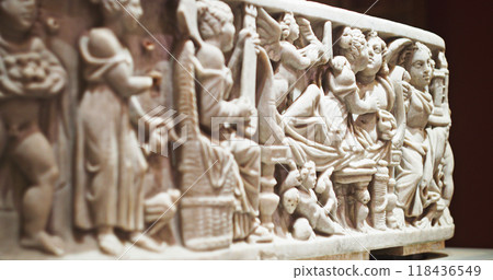 Ancient Marble Childs Sarcophagus. Roman Sarcophagus Or Coffin For Young Girl From Wealthy Family. Marble Carved With Scenes Of Wedding Of Greek Deities Cupid And Psyche. This Sarcophagus Was Not 118436549