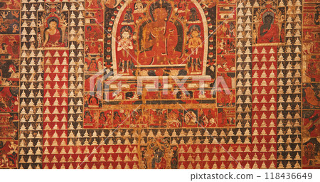 Tathagata Vairochana - One Of Five Dhyani Buddhas. Laksha-chaitya Pata Is Symbolic Offering Of One Hundred Thousand Chaityas -stupas- To God. Ritual Observed By Buddhist Devotees Which Involves Tathagata Vairochana - One Of Five Dhyani Buddhas. Laksha-chaitya Pata Is Symbolic Offering Of One Hundred Thousand Chaityas -stupas- To God. Ritual Observed By Buddhist Devotees Which Involves 118436649