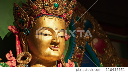 Close-up view on Buddha. Gompas Are Buddhist Altars Or Monasteries Located In Himalayan Region. Altar Represents Triratna -three Jewels-, Buddha, Dharma -discussions And Teachings Of Buddha- And 118436651