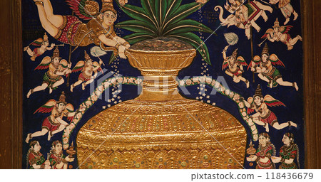 Amrita Kalasha -pot Of Nectar-. Pot Of Eternity Depicted In Painting Represents Puranic Story Of Garudas Victory Over Indra, King Of The Gods, And Restoration Of Amrit Kalasha. Refers To full Vessel 118436679