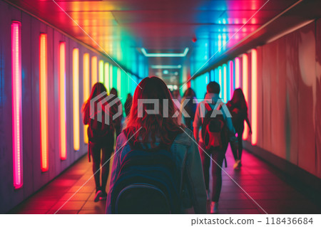A group of people walking down a hallway with colorful lights A group of people walking down a hallway with colorful lights 118436684
