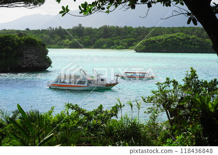 Kabira Bay and glass boats seen from the shade of the trees at Kabira Park, July 34, Ishigaki Island, Kabira Bay and glass boats, Yaeyama Islands, Okinawa 118436848