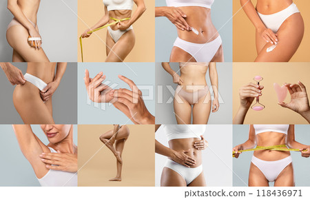 Women in white lingerie showing various skincare routines and body measurement techniques in a collage layout. 118436971
