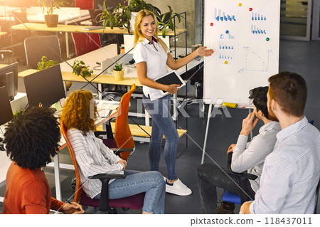 A woman is standing in front of a whiteboard, delivering a presentation to an audience. She gestures and speaks confidently, engaging the viewers with her content. 118437011
