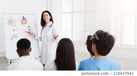 Successful doctor sharing experience with colleagues at medical consultation in hospital 118437042