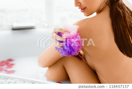 Woman Washing Herself, Taking Bath At Home, Free Space Woman Washing Herself, Taking Bath At Home, Free Space 118437137