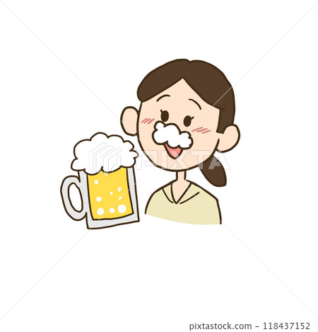 一個女人喝啤酒時嘴裡有泡沫的插圖 118437152