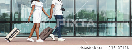 Cropped of couple walking hand-in-hand outside an airport building, each pulling a wheeled suitcase. They are wearing casual clothes, copy space 118437168