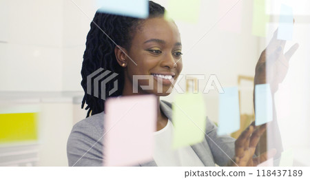African American woman manager brainstorming with vibrant sticky notes on a glass wall, planning and organizing ideas, web banner. 118437189