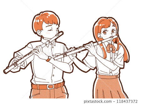 Illustration of a smiling man and woman holding a flute 118437372