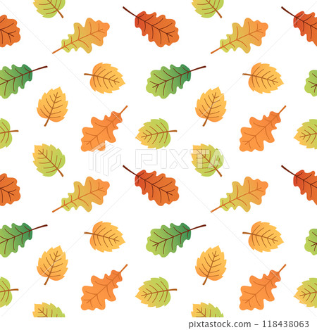 Seamless pattern with autumn birch and oak leaves. Vector illustration 118438063