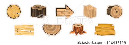 Wood and Lumber Material Sticker and Element Vector Set. 118438119