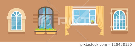 Glass Window of Various Type as Architectural Outdoor Object Vector Set 118438130