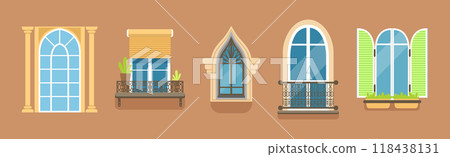 Glass Window of Various Type as Architectural Outdoor Object Vector Set 118438131