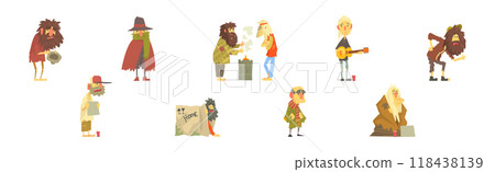 Homeless Bearded Man Beggar Characters in Rags Living on the Streets Vector Set 118438139
