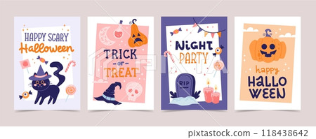Halloween covers or cards set. Hand drawn calligraphy and cute spooky elements. Vector illustration templates 118438642