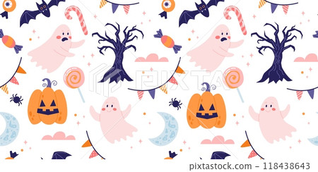 Halloween seamless pattern with cute pumpkins and ghosts. Vector illustration in flat style 118438643