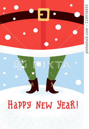Happy new year. Cute funny legs Santa Claus in snow with lettering congratulations. Christmas holiday vertical card. Vector illustration Happy new year. Cute funny legs Santa Claus in snow with lettering congratulations. Christmas holiday vertical card. Vector illustration 118438842