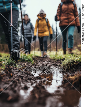 Hikers Trekking through Muddy Trails in Autumn 118438904