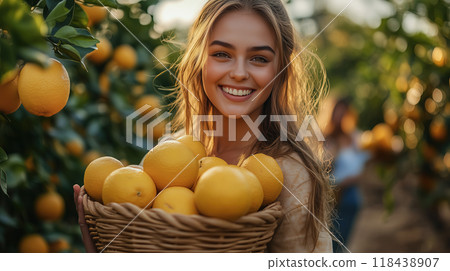Smiling Woman Harvesting Lemons in an Orchard 118438907