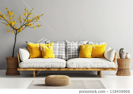 White sofa with grey plaid and yellow pillows against grey wall 118438908