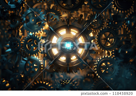 Complex mechanical silhouette composed of gears, with light going through the gear gaps and backlighting 118438920