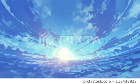 Background illustration of blue sky, clouds and sunlight reflected AI image 118438922